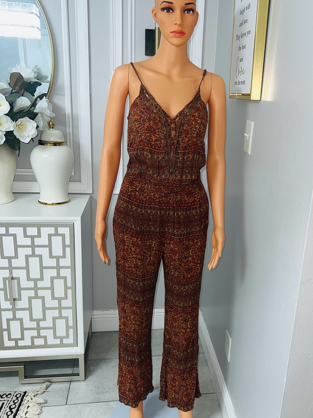 American Eagle Outfitters Brown & Rust Printed Spaghetti-Strap Jumpsuit M